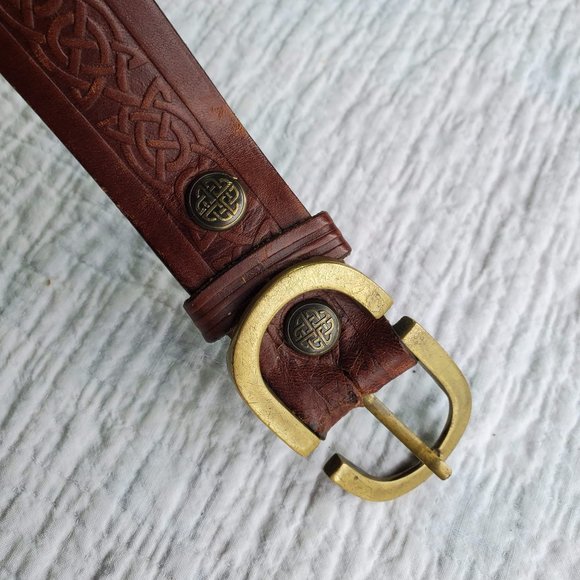 Lee River Ireland Brown Genuine Leather Celtic Knot Belt Mens Brass Buckle 36/38 - Picture 3 of 8
